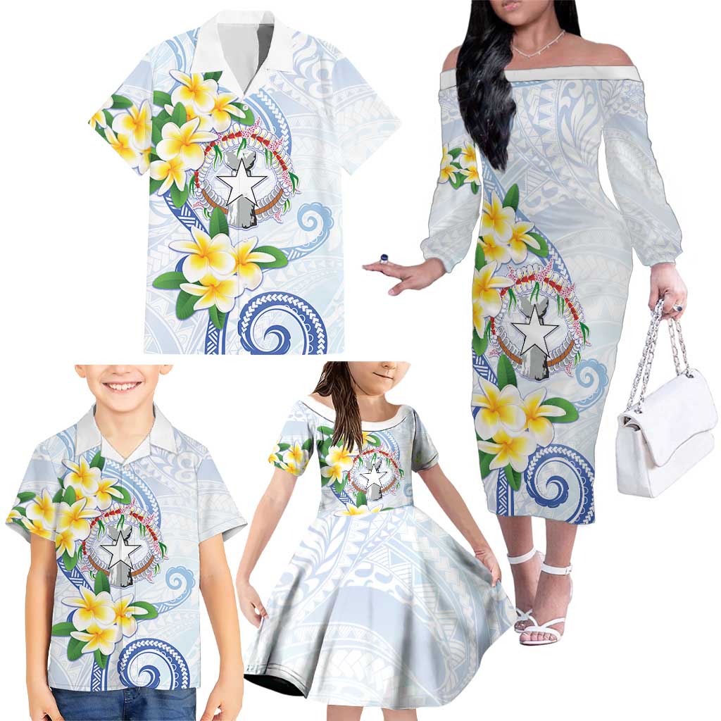 Northern Mariana Islands Chamorro Family Matching Off The Shoulder Long Sleeve Dress and Hawaiian Shirt Plumeria Curves Style White Version LT05 - Polynesian Pride