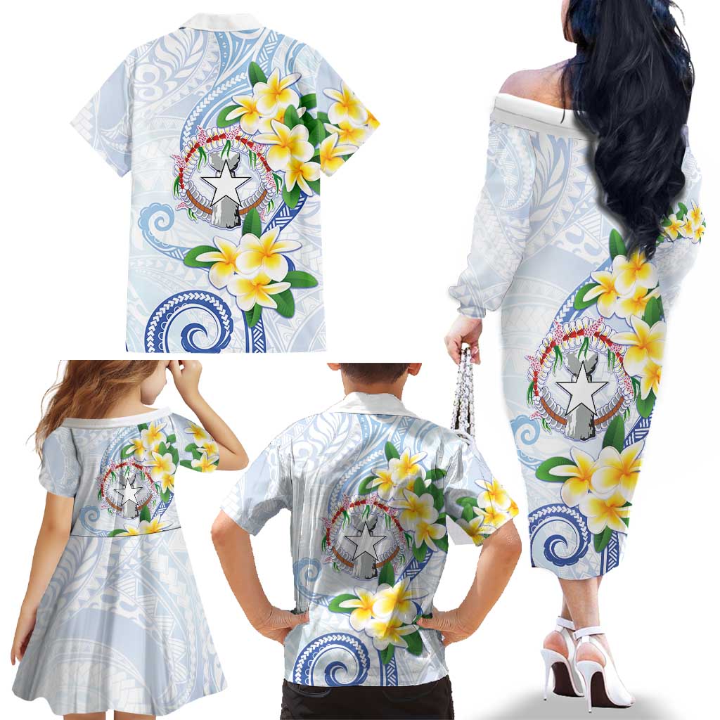 Northern Mariana Islands Chamorro Family Matching Off The Shoulder Long Sleeve Dress and Hawaiian Shirt Plumeria Curves Style White Version LT05 - Polynesian Pride