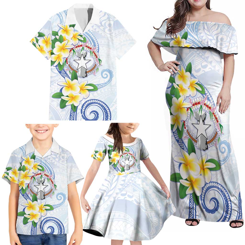 Northern Mariana Islands Chamorro Family Matching Off Shoulder Maxi Dress and Hawaiian Shirt Plumeria Curves Style White Version LT05 - Polynesian Pride