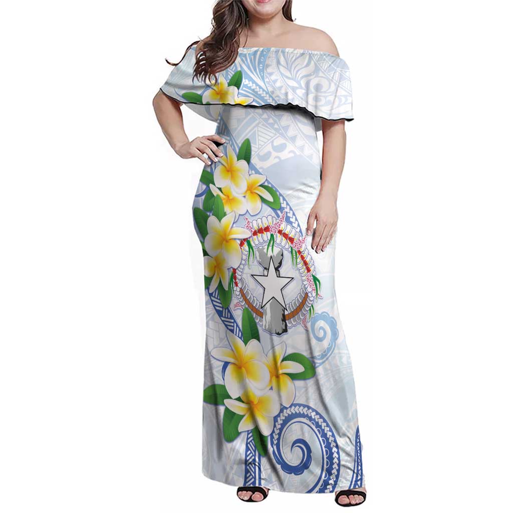 Northern Mariana Islands Chamorro Family Matching Off Shoulder Maxi Dress and Hawaiian Shirt Plumeria Curves Style White Version LT05 Mom's Dress White - Polynesian Pride