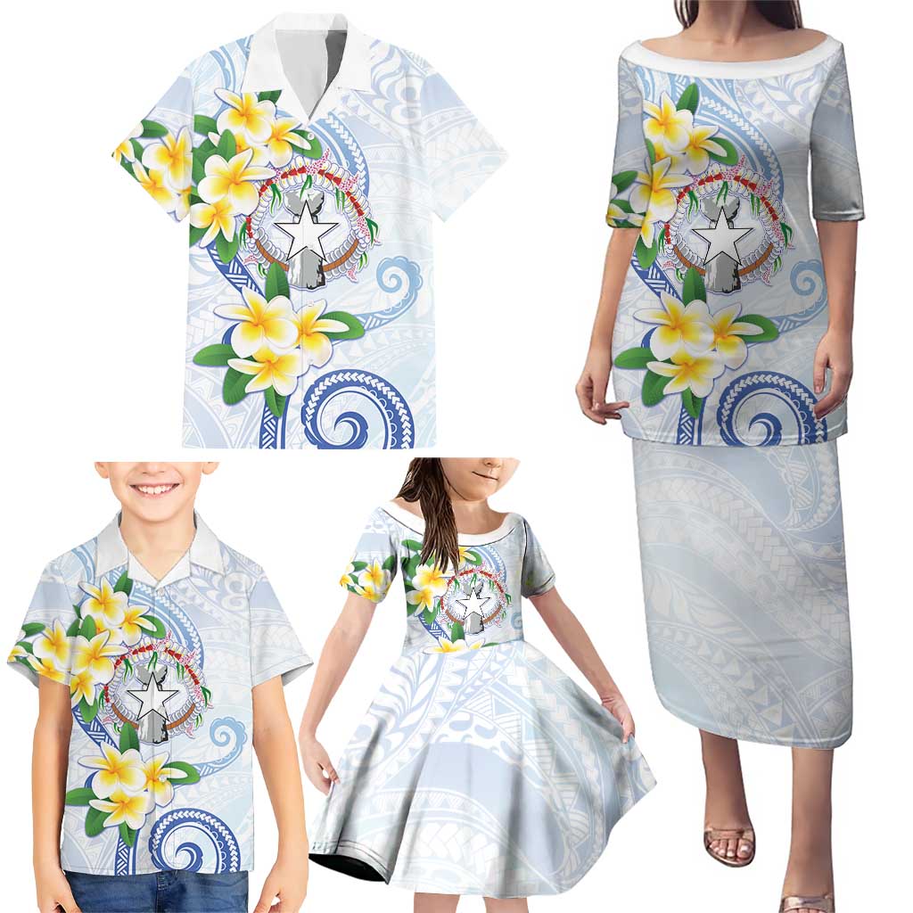 Northern Mariana Islands Chamorro Family Matching Puletasi and Hawaiian Shirt Plumeria Curves Style White Version LT05 - Polynesian Pride