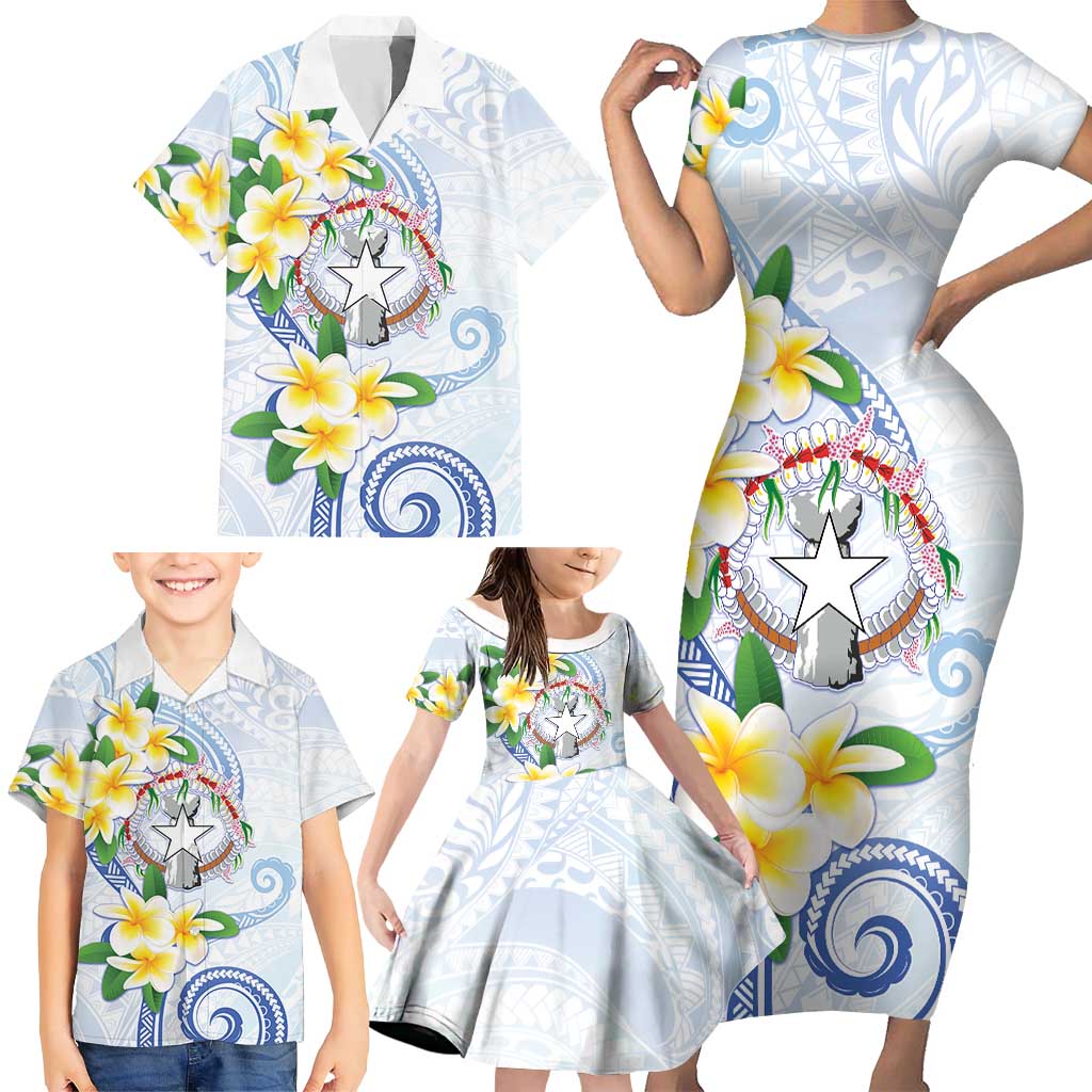 Northern Mariana Islands Chamorro Family Matching Short Sleeve Bodycon Dress and Hawaiian Shirt Plumeria Curves Style White Version LT05 - Polynesian Pride