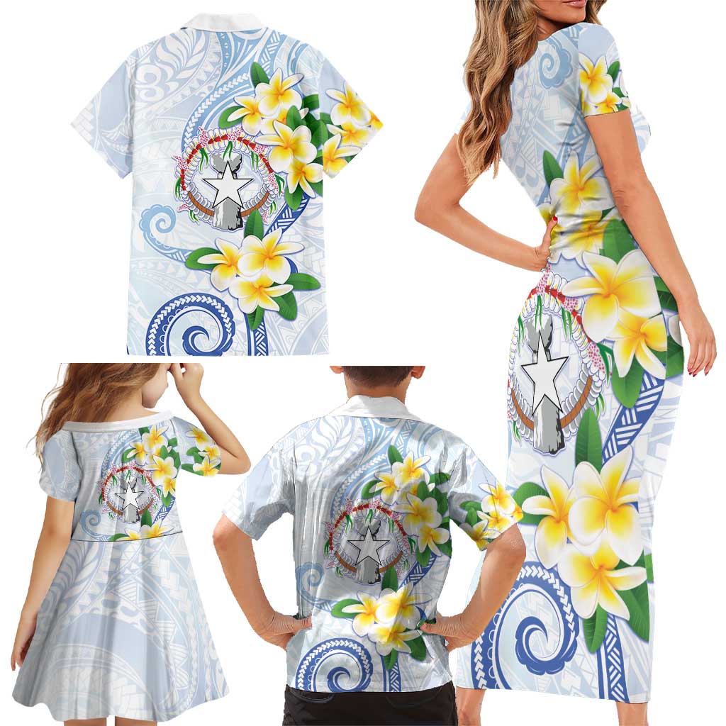 Northern Mariana Islands Chamorro Family Matching Short Sleeve Bodycon Dress and Hawaiian Shirt Plumeria Curves Style White Version LT05 - Polynesian Pride