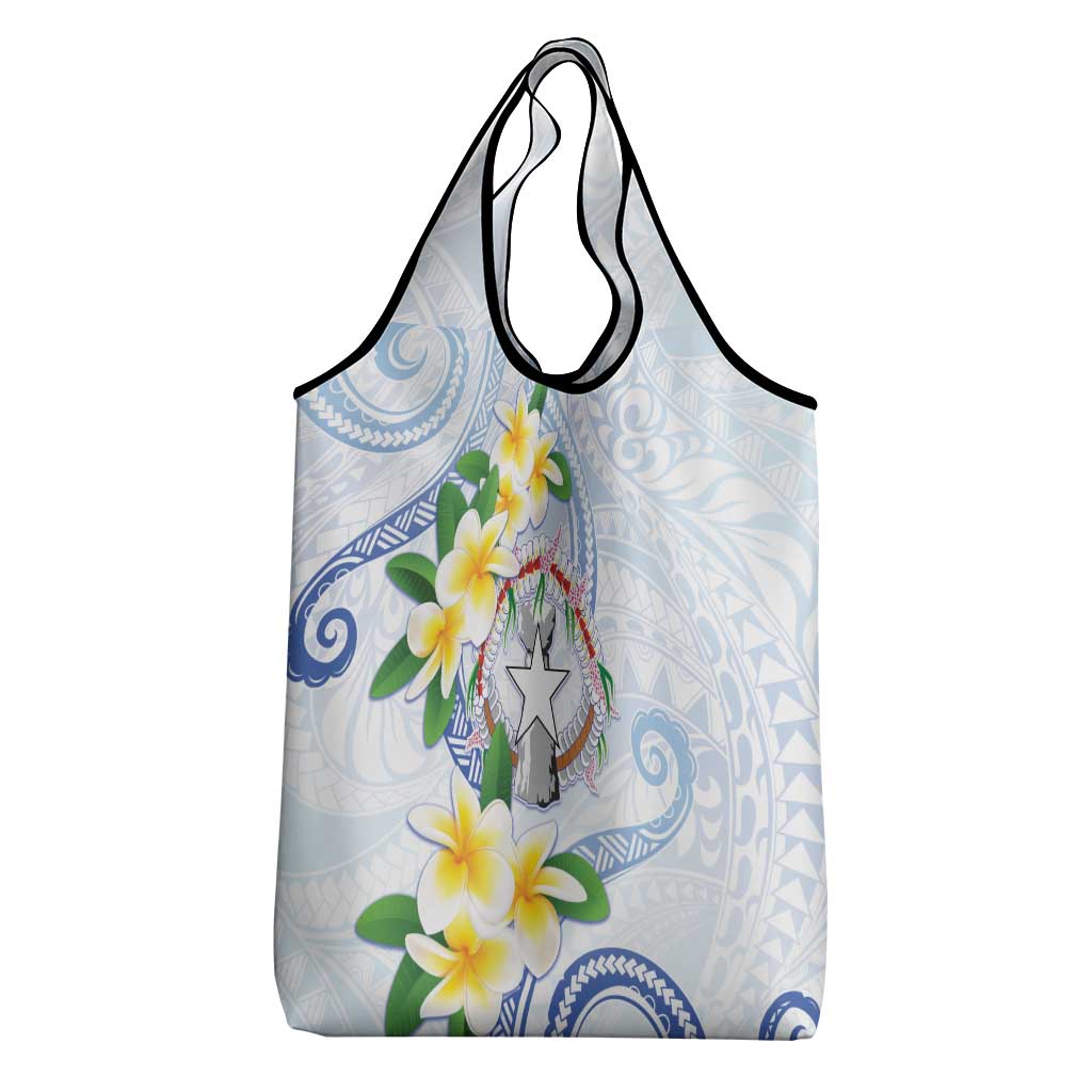 Northern Mariana Islands Chamorro Grocery Bag Plumeria Curves Style White Version