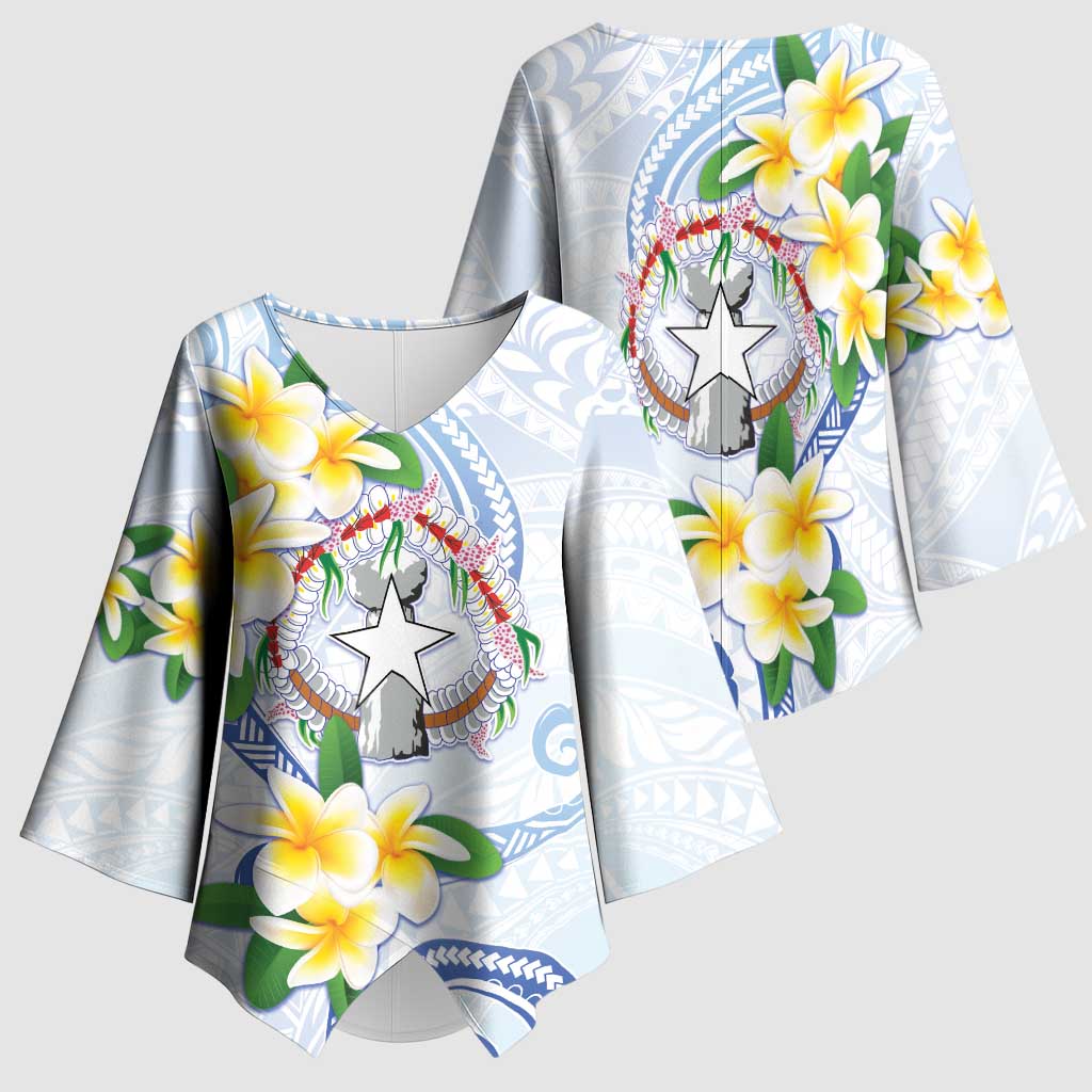 Northern Mariana Islands Chamorro Kimono Sleeve Blouse Plumeria Curves Style White Version