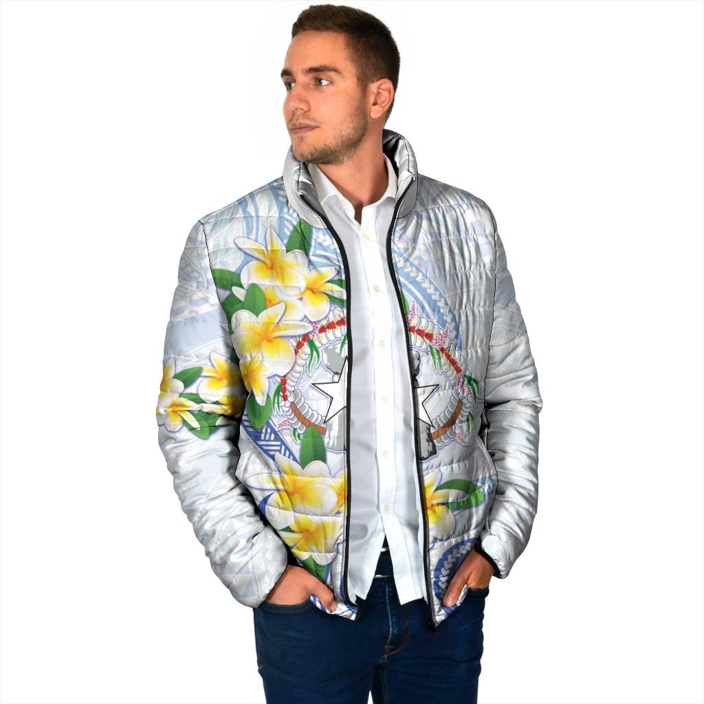 Northern Mariana Islands Chamorro Padded Jacket Plumeria Curves Style White Version