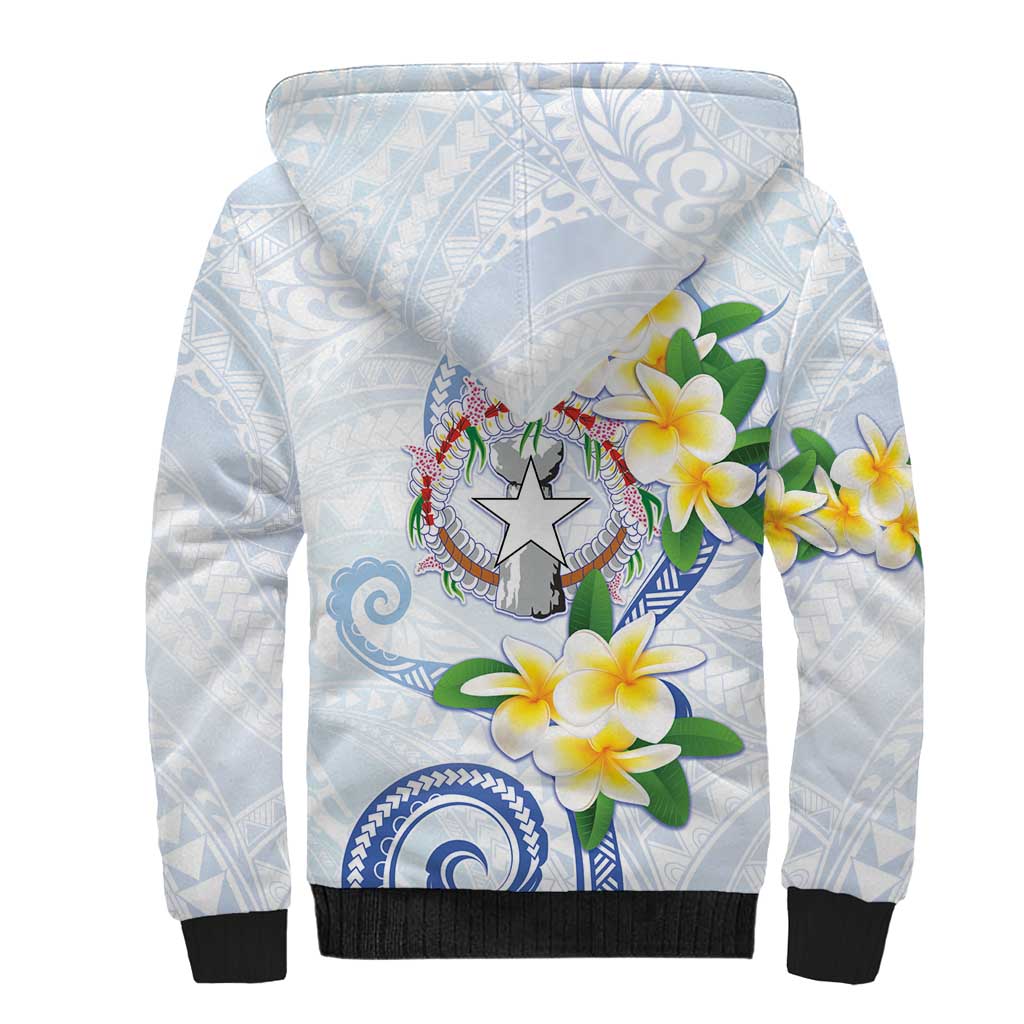 Northern Mariana Islands Chamorro Sherpa Hoodie Plumeria Curves Style White Version