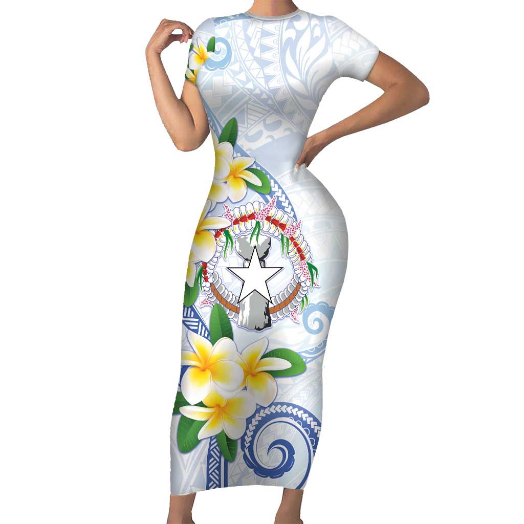 Northern Mariana Islands Chamorro Short Sleeve Bodycon Dress Plumeria Curves Style White Version
