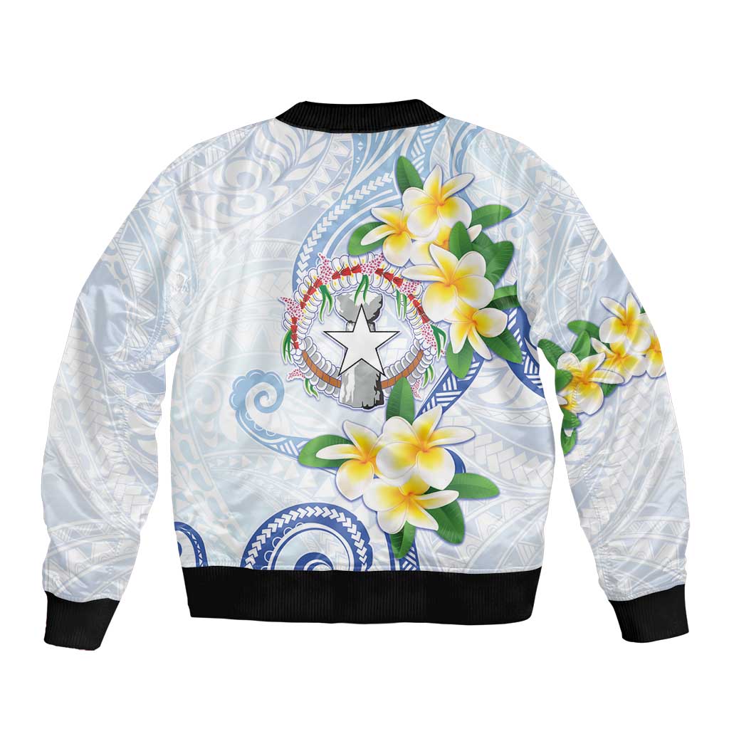 Northern Mariana Islands Chamorro Sleeve Zip Bomber Jacket Plumeria Curves Style White Version