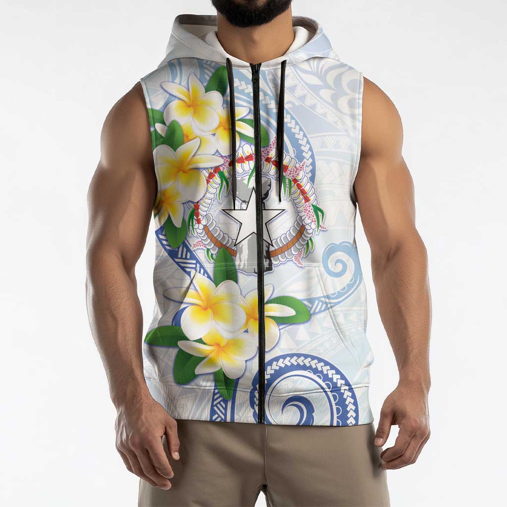 Northern Mariana Islands Chamorro Sleeveless Zip Hoodie Plumeria Curves Style White Version