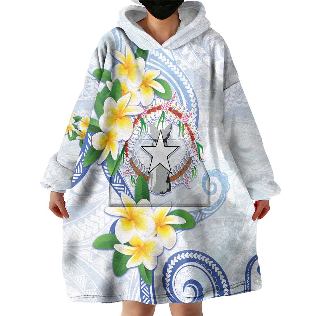 Northern Mariana Islands Chamorro Wearable Blanket Hoodie Plumeria Curves Style White Version