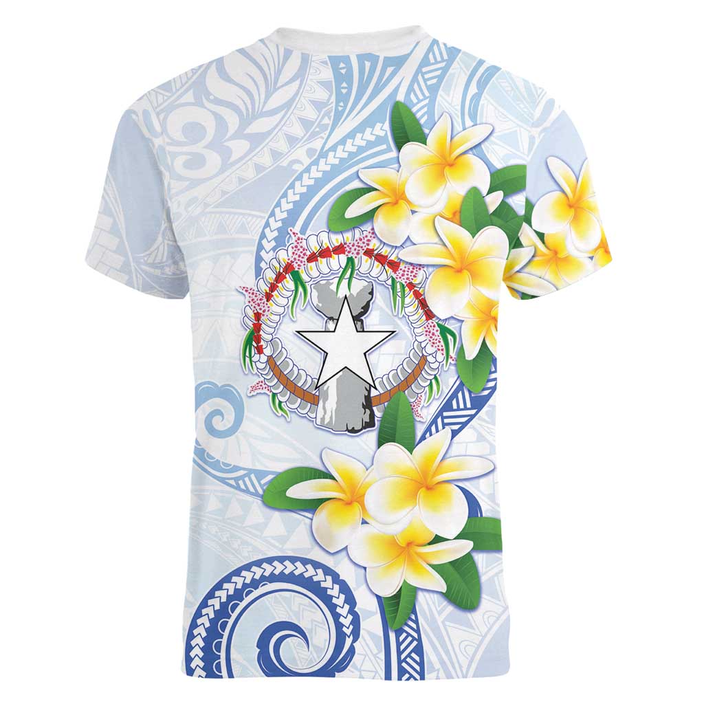 Northern Mariana Islands Chamorro Women V-Neck T-Shirt Plumeria Curves Style White Version