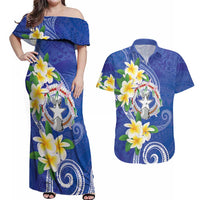 Northern Mariana Islands Chamorro Couples Matching Off Shoulder Maxi Dress and Hawaiian Shirt Plumeria Curves Style Navy Version