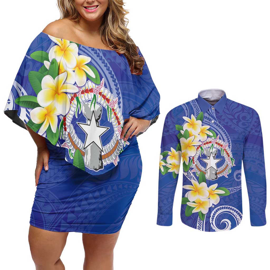 Northern Mariana Islands Chamorro Couples Matching Off Shoulder Short Dress and Long Sleeve Button Shirt Plumeria Curves Style Navy Version