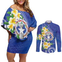Northern Mariana Islands Chamorro Couples Matching Off Shoulder Short Dress and Long Sleeve Button Shirt Plumeria Curves Style Navy Version
