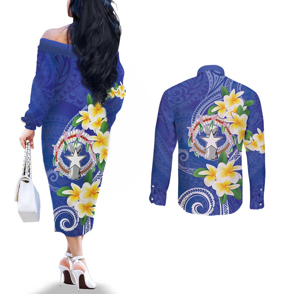 Northern Mariana Islands Chamorro Couples Matching Off The Shoulder Long Sleeve Dress and Long Sleeve Button Shirt Plumeria Curves Style Navy Version LT05 - Polynesian Pride
