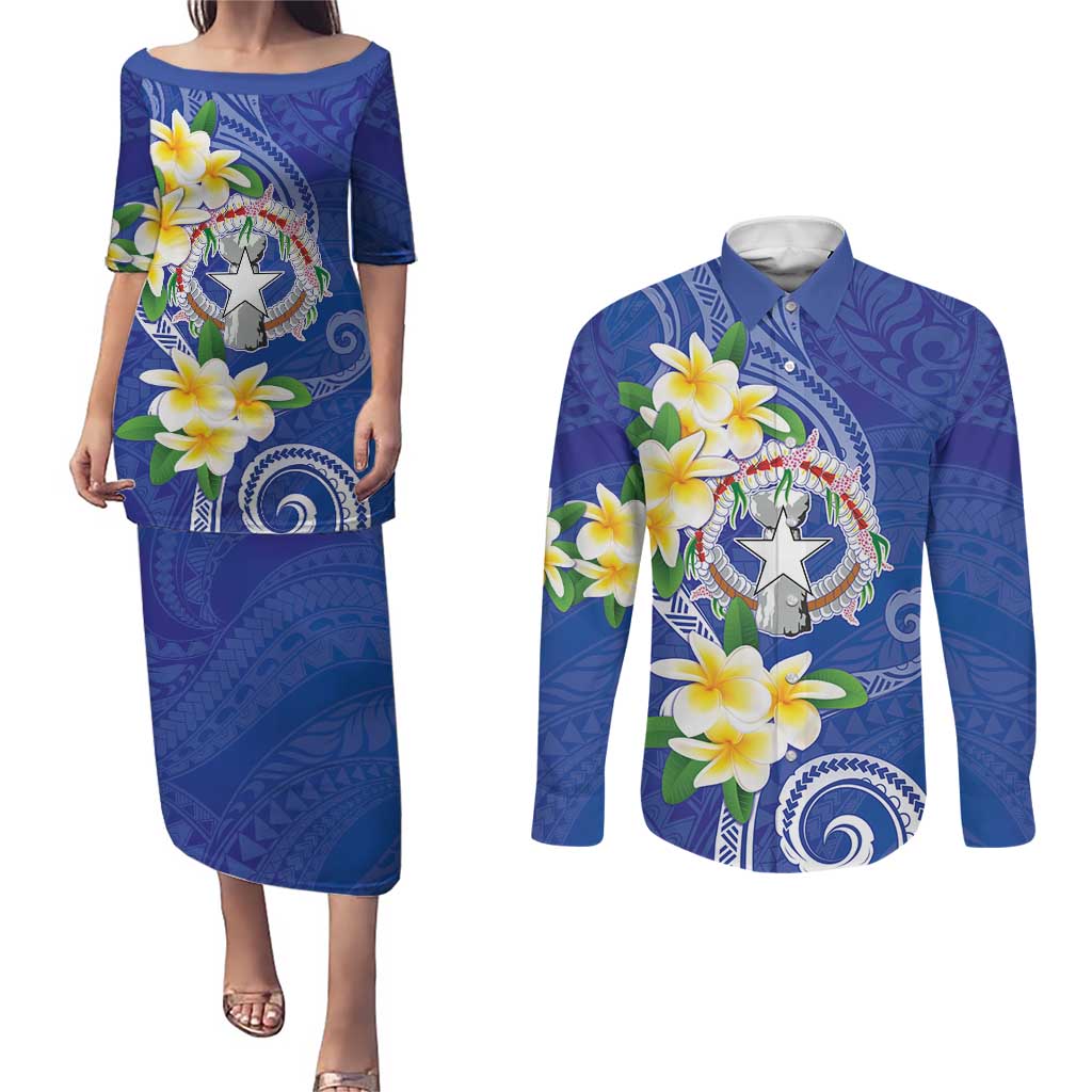 Northern Mariana Islands Chamorro Couples Matching Puletasi and Long Sleeve Button Shirt Plumeria Curves Style Navy Version
