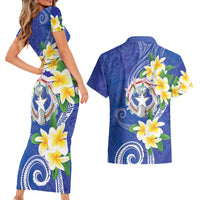 Northern Mariana Islands Chamorro Couples Matching Short Sleeve Bodycon Dress and Hawaiian Shirt Plumeria Curves Style Navy Version