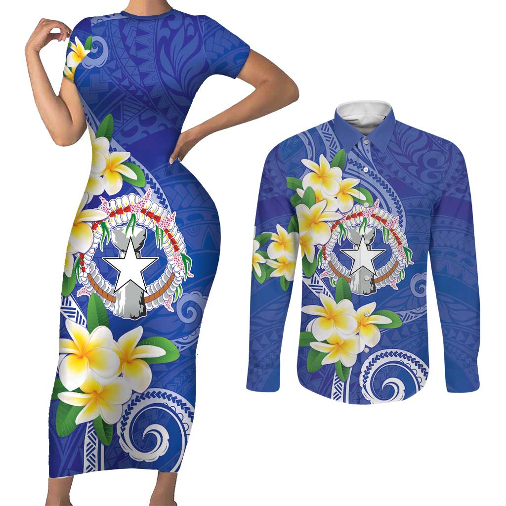 Northern Mariana Islands Chamorro Couples Matching Short Sleeve Bodycon Dress and Long Sleeve Button Shirt Plumeria Curves Style Navy Version