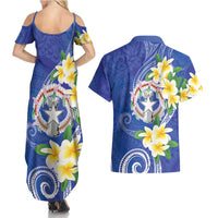 Northern Mariana Islands Chamorro Couples Matching Summer Maxi Dress and Hawaiian Shirt Plumeria Curves Style Navy Version