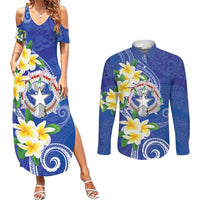 Northern Mariana Islands Chamorro Couples Matching Summer Maxi Dress and Long Sleeve Button Shirt Plumeria Curves Style Navy Version