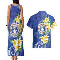 Northern Mariana Islands Chamorro Couples Matching Tank Maxi Dress and Hawaiian Shirt Plumeria Curves Style Navy Version