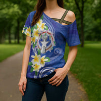 Northern Mariana Islands Chamorro Cross Shoulder Shirt Plumeria Curves Style Navy Version