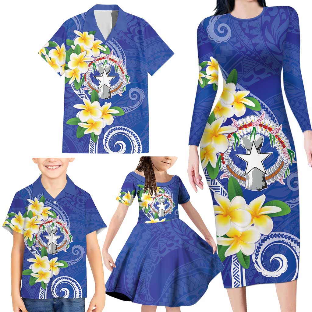 Northern Mariana Islands Chamorro Family Matching Long Sleeve Bodycon Dress and Hawaiian Shirt Plumeria Curves Style Navy Version LT05 - Polynesian Pride