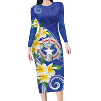 Northern Mariana Islands Chamorro Family Matching Long Sleeve Bodycon Dress and Hawaiian Shirt Plumeria Curves Style Navy Version LT05 Mom's Dress Navy - Polynesian Pride