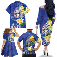 Northern Mariana Islands Chamorro Family Matching Off The Shoulder Long Sleeve Dress and Hawaiian Shirt Plumeria Curves Style Navy Version LT05 - Polynesian Pride
