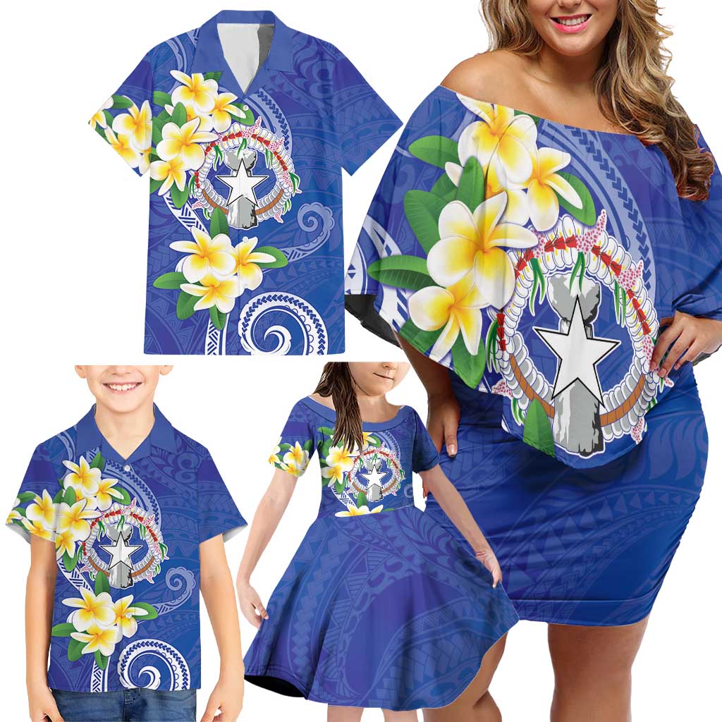 Northern Mariana Islands Chamorro Family Matching Off Shoulder Short Dress and Hawaiian Shirt Plumeria Curves Style Navy Version LT05 - Polynesian Pride