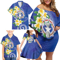 Northern Mariana Islands Chamorro Family Matching Off Shoulder Short Dress and Hawaiian Shirt Plumeria Curves Style Navy Version LT05 - Polynesian Pride
