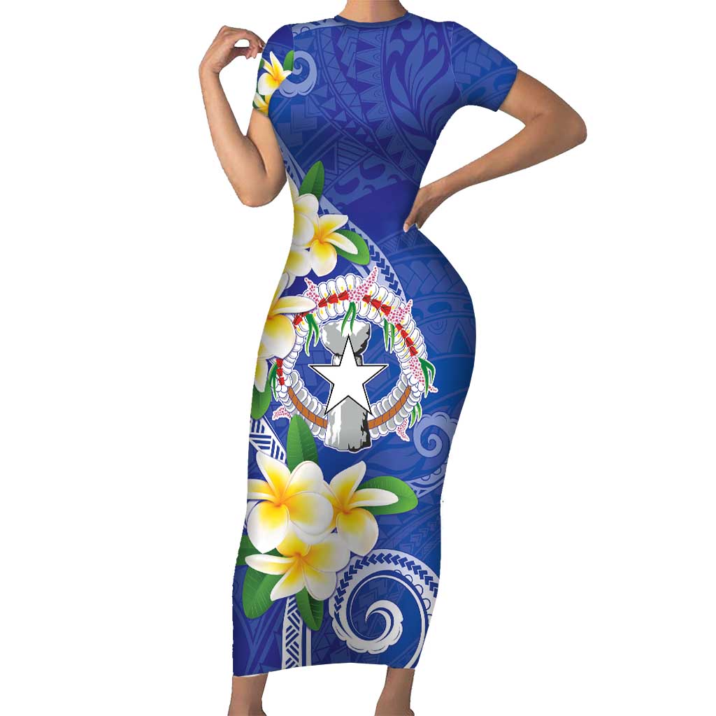 Northern Mariana Islands Chamorro Family Matching Short Sleeve Bodycon Dress and Hawaiian Shirt Plumeria Curves Style Navy Version LT05 Mom's Dress Navy - Polynesian Pride