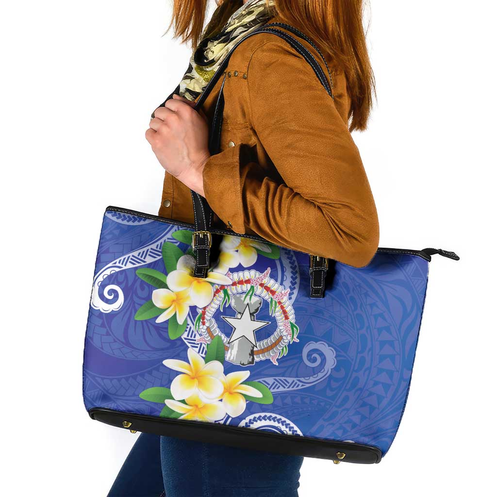 Northern Mariana Islands Chamorro Leather Tote Bag Plumeria Curves Style Navy Version