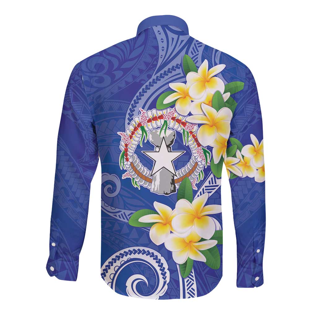 Northern Mariana Islands Chamorro Long Sleeve Button Shirt Plumeria Curves Style Navy Version