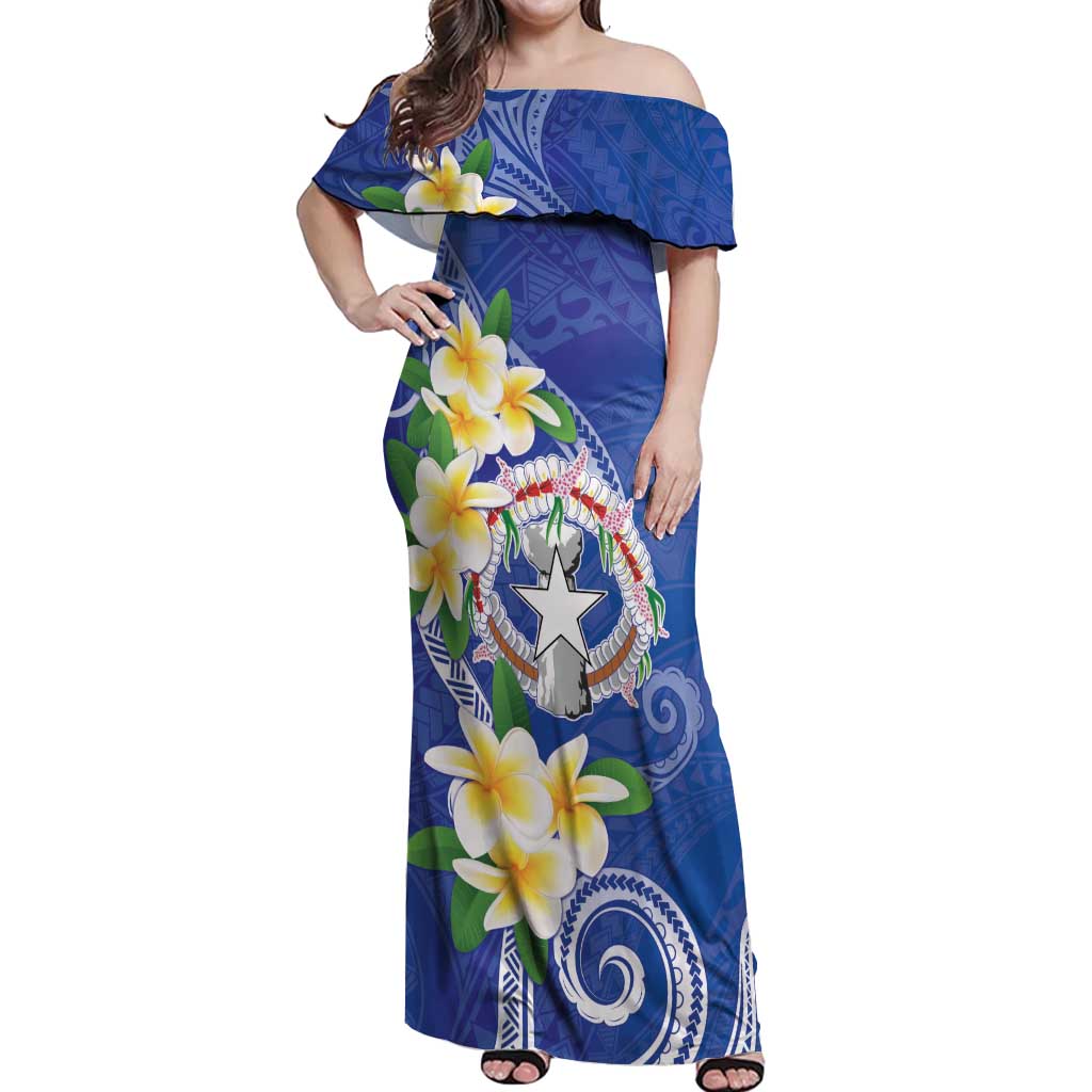 Northern Mariana Islands Chamorro Off Shoulder Maxi Dress Plumeria Curves Style Navy Version