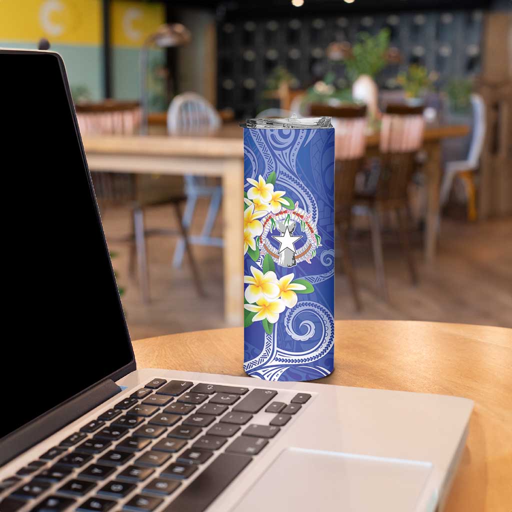 Northern Mariana Islands Chamorro Skinny Tumbler Plumeria Curves Style Navy Version