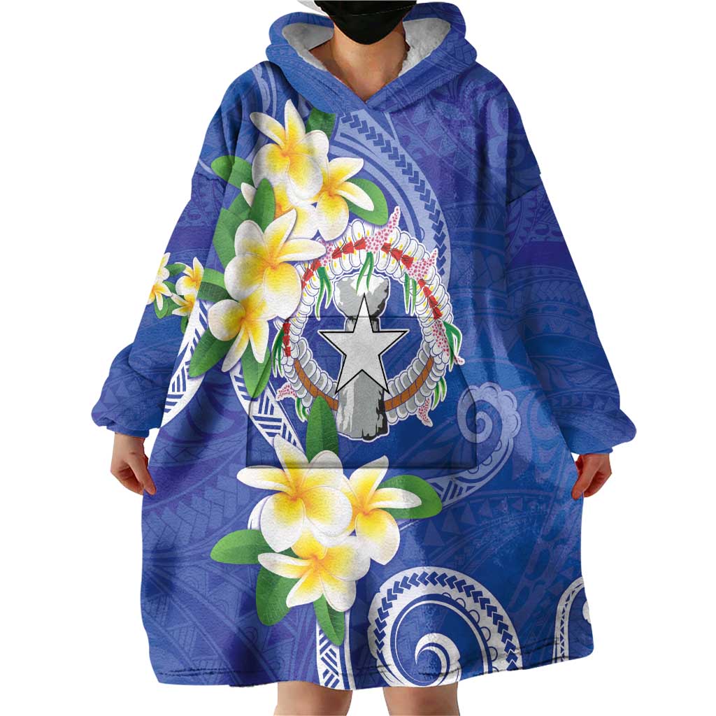 Northern Mariana Islands Chamorro Wearable Blanket Hoodie Plumeria Curves Style Navy Version