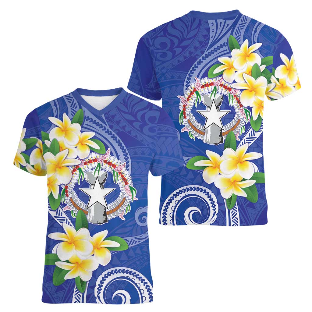 Northern Mariana Islands Chamorro Women V-Neck T-Shirt Plumeria Curves Style Navy Version