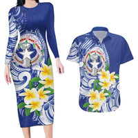 Northern Mariana Islands Couples Matching Long Sleeve Bodycon Dress and Hawaiian Shirt Polynesian Pattern With Frangipani