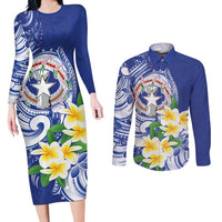Northern Mariana Islands Couples Matching Long Sleeve Bodycon Dress and Long Sleeve Button Shirt Polynesian Pattern With Frangipani