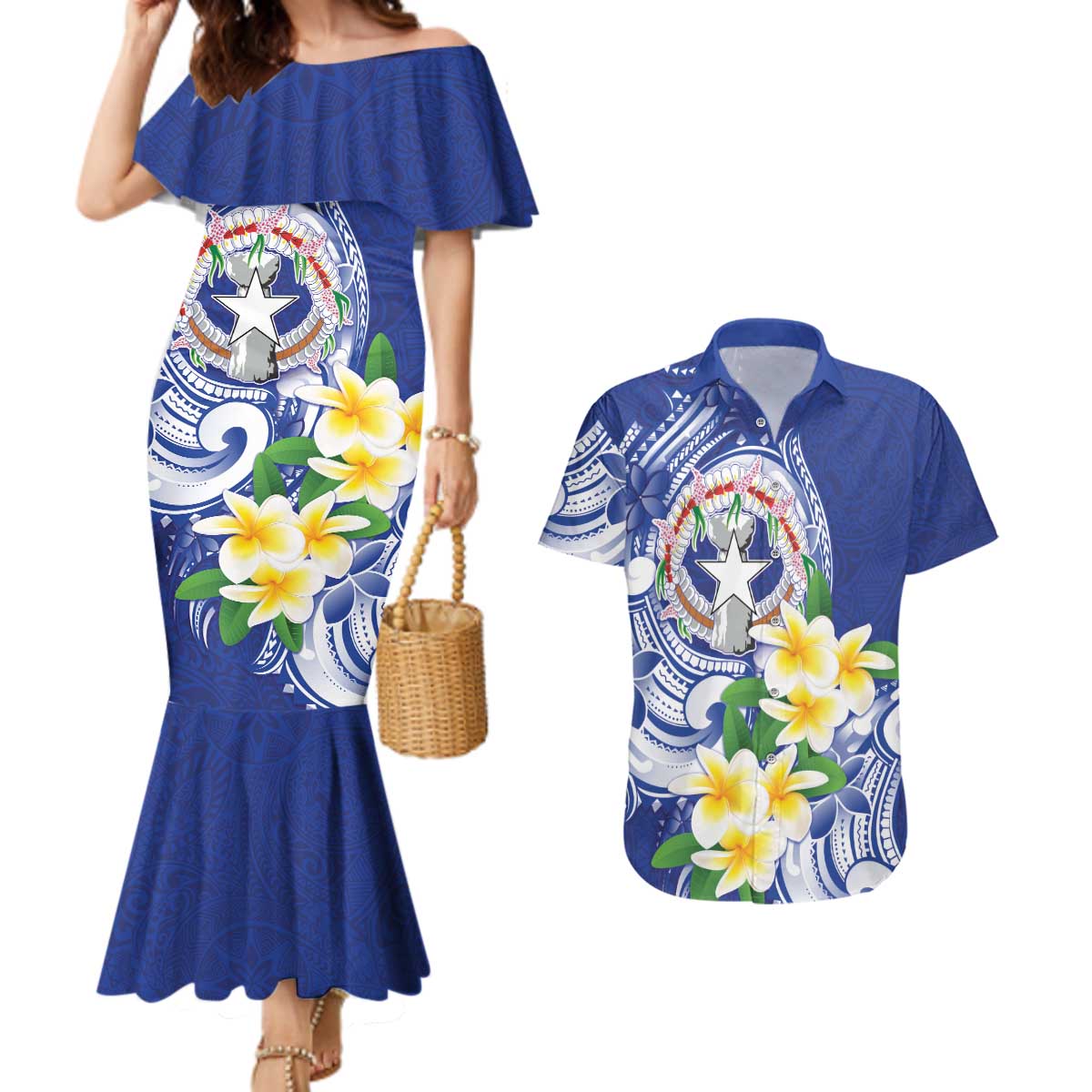Northern Mariana Islands Couples Matching Mermaid Dress and Hawaiian Shirt Polynesian Pattern With Frangipani