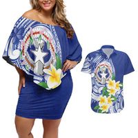 Northern Mariana Islands Couples Matching Off Shoulder Short Dress and Hawaiian Shirt Polynesian Pattern With Frangipani
