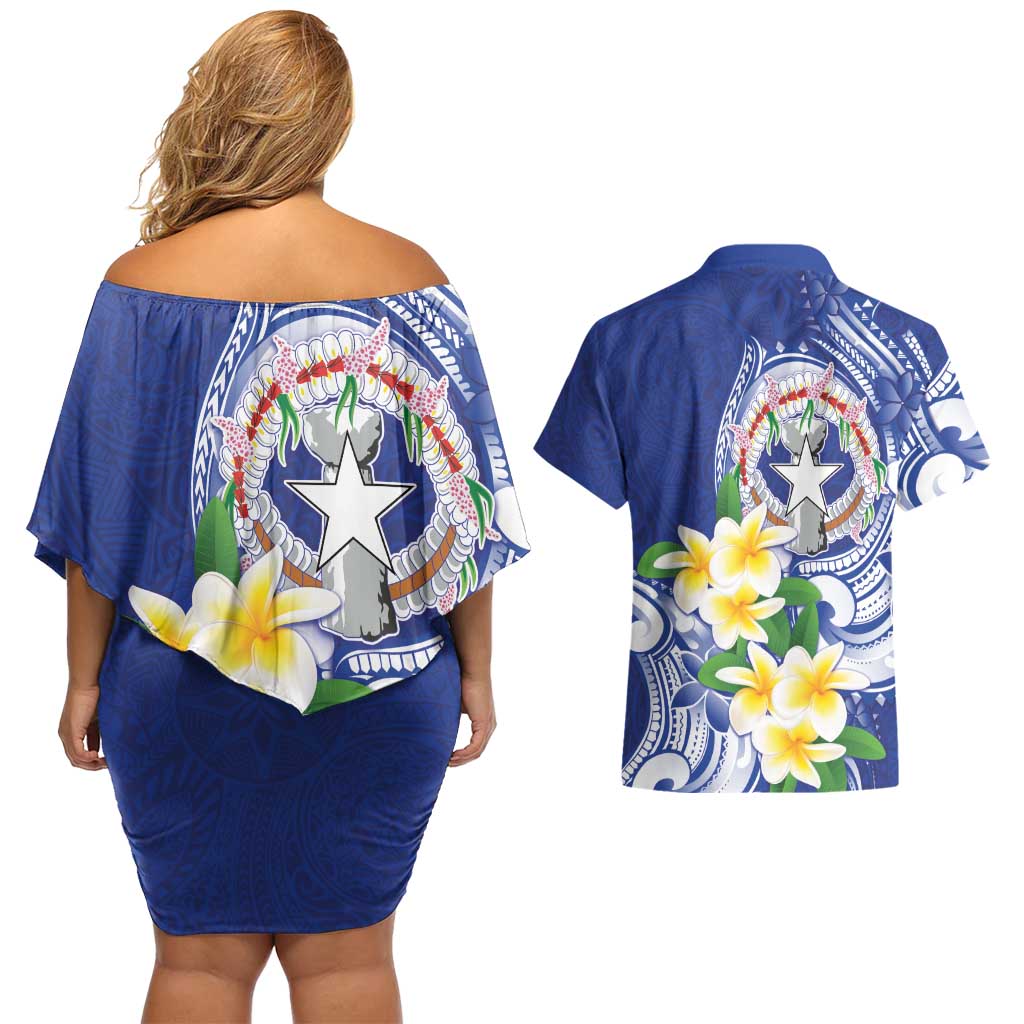 Northern Mariana Islands Couples Matching Off Shoulder Short Dress and Hawaiian Shirt Polynesian Pattern With Frangipani