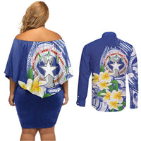 Northern Mariana Islands Couples Matching Off Shoulder Short Dress and Long Sleeve Button Shirt Polynesian Pattern With Frangipani