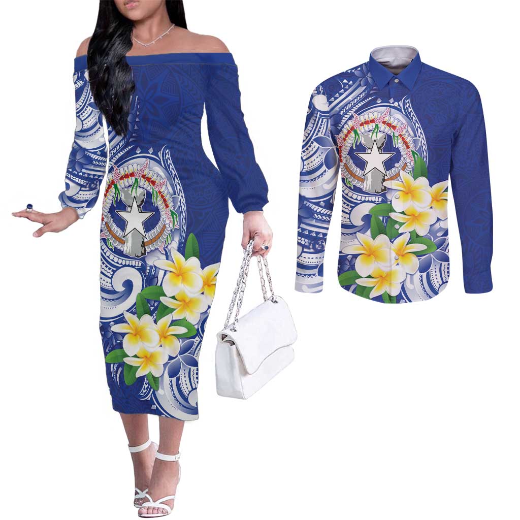 Northern Mariana Islands Couples Matching Off The Shoulder Long Sleeve Dress and Long Sleeve Button Shirt Polynesian Pattern With Frangipani