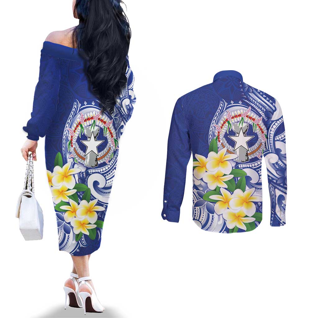 Northern Mariana Islands Couples Matching Off The Shoulder Long Sleeve Dress and Long Sleeve Button Shirt Polynesian Pattern With Frangipani LT05 - Polynesian Pride