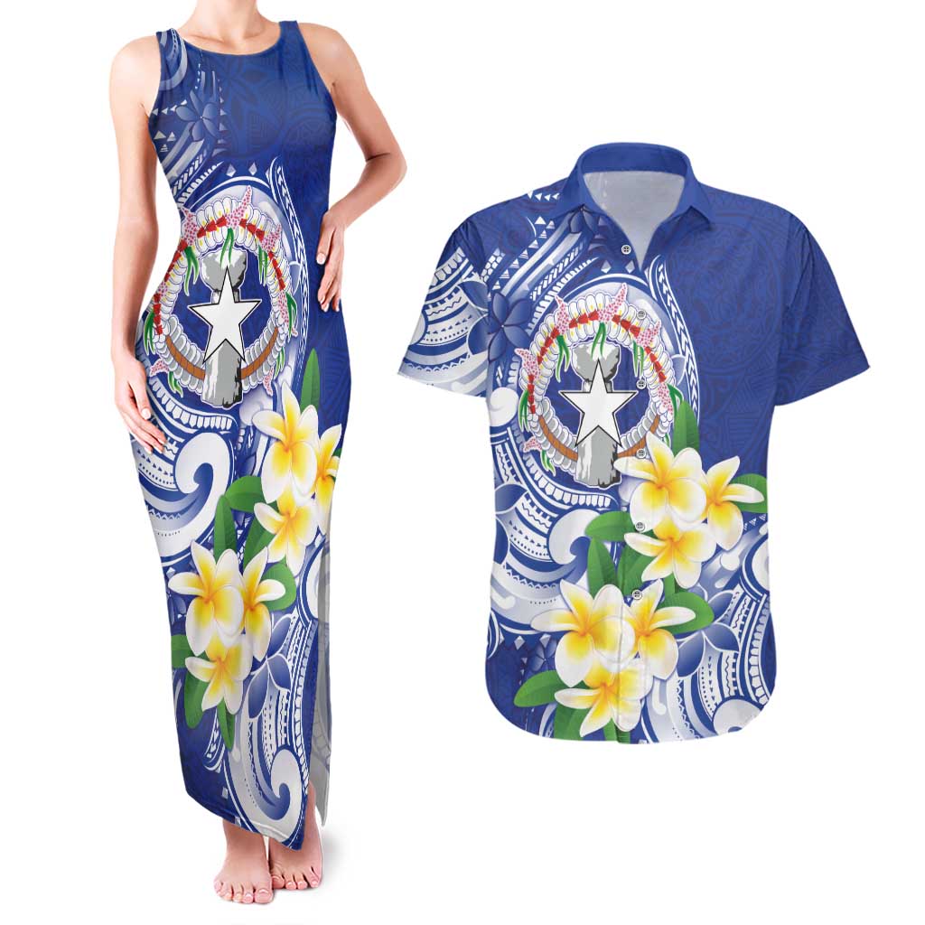 Northern Mariana Islands Couples Matching Tank Maxi Dress and Hawaiian Shirt Polynesian Pattern With Frangipani