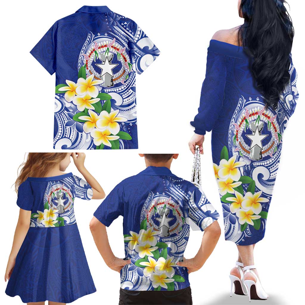 Northern Mariana Islands Family Matching Off The Shoulder Long Sleeve Dress and Hawaiian Shirt Polynesian Pattern With Frangipani