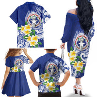 Northern Mariana Islands Family Matching Off The Shoulder Long Sleeve Dress and Hawaiian Shirt Polynesian Pattern With Frangipani